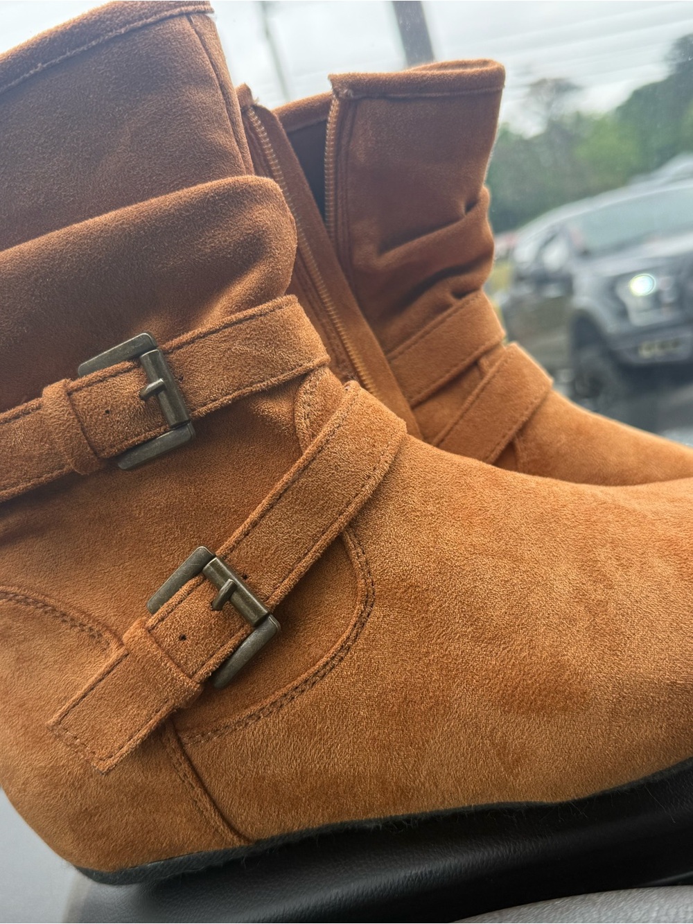 Herstyle Tan Suede Ankle Booties with Buckle Straps